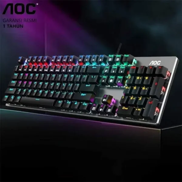 AOC GK410 ESPORTS RGB MECHANICAL GAMING KEYBOARD WITH MECHANICAL BLUE SWITCHES AND CLICKER.