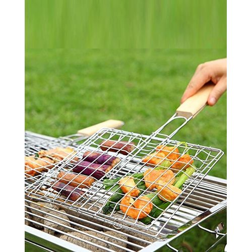 Chrome Plated Barbecue Grill Net Basket + Wood Handle- Large